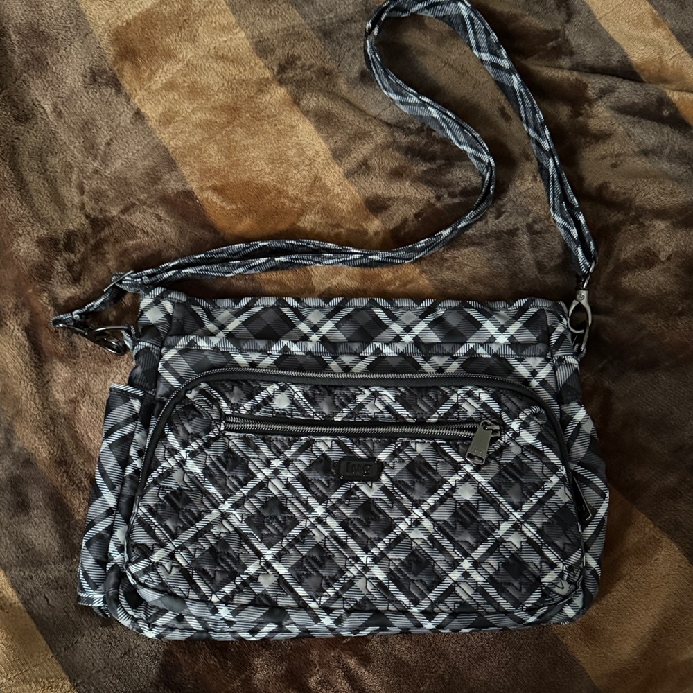 Like New Lug Black and Gray Plaid Crossbody Bag